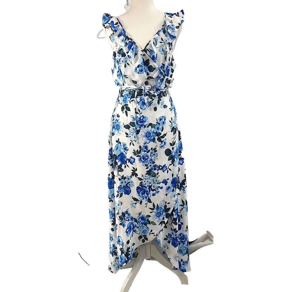 Lumiere Wrap Dress Blue Floral‎ Ruffle Sz Large